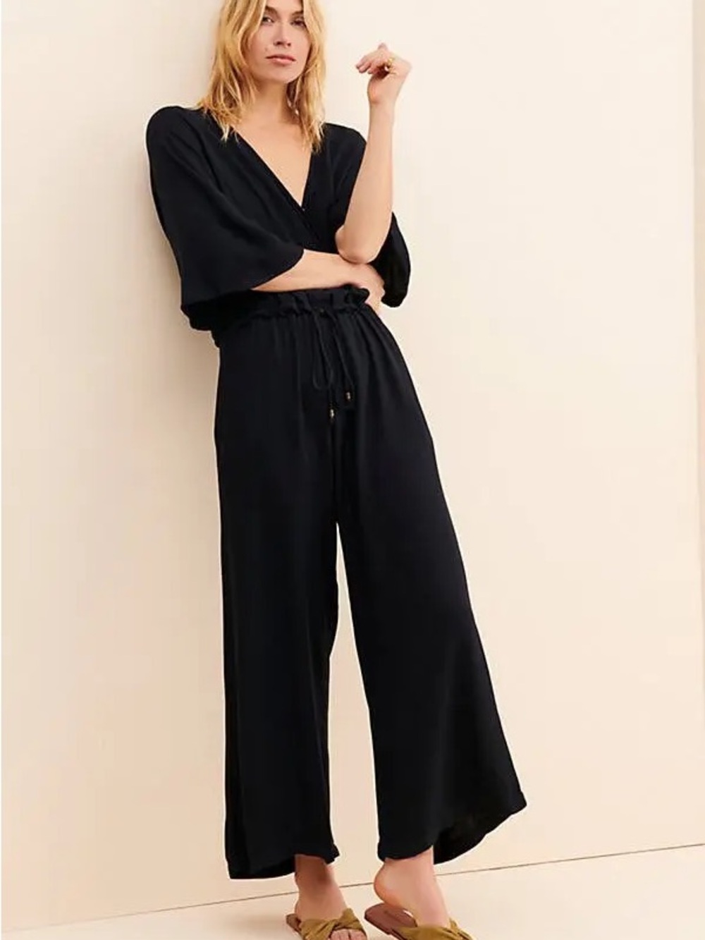 River sky Black Wide-Leg Jumpsuit with Drawstring Waist
